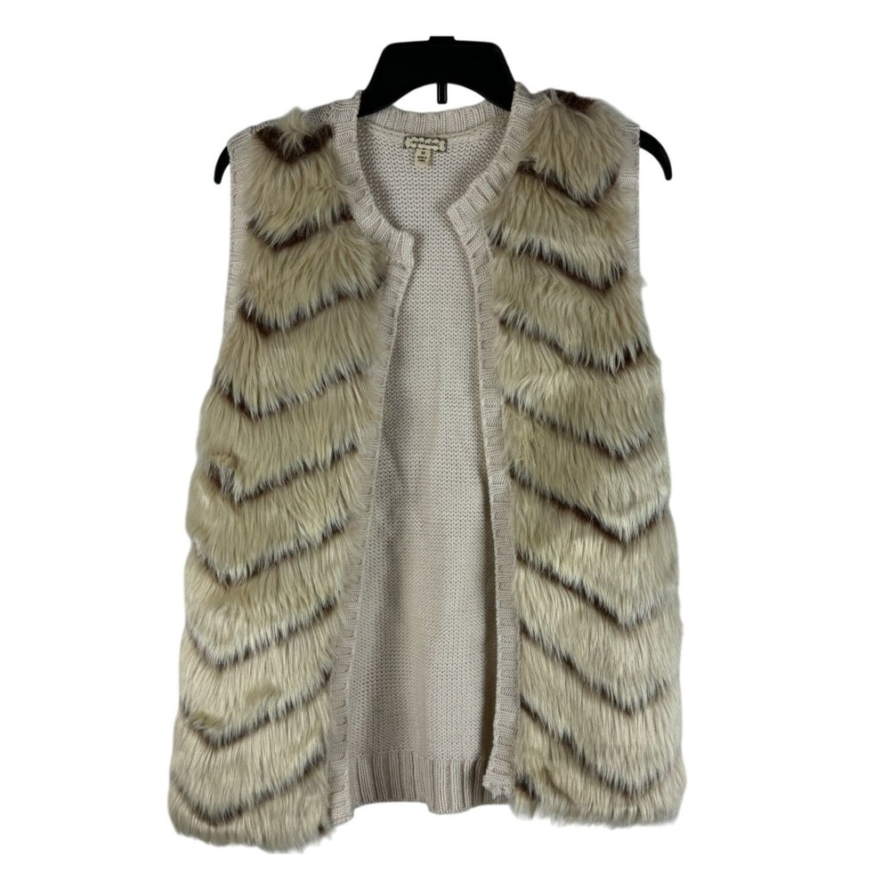 Eyeshadow Vest Faux Fur Knit Open Front Women M Beige Chevron Layering